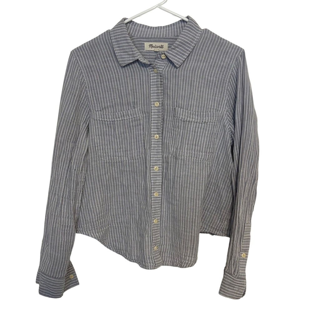 Madewell Blue Striped‎ Relaxed Cropped Long Sleeve Button Down Womens L